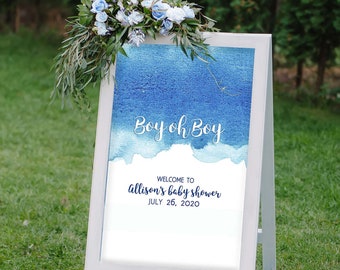 Watercolor Baby Shower Welcome Sign, 20x30 Large Baby Shower Sign, Shibori Tie Dye, Blue Ombre, Boy oh boy Baby Boy Shower