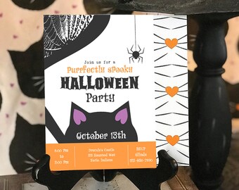 INSTANT DOWNLOAD: Black Cat Halloween Party Invitation, kids Halloween, Cute Halloween, Kitty Cat Party, Adopt a cat, Witch's best friend