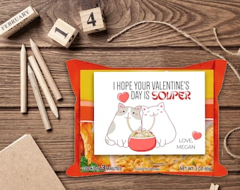 Tarjetas de San Valentín con sopa de ramen / Tarjetas imprimibles para el aula de San Valentín / Eres un San Valentín más SOUPER / Autoedición con Corjl