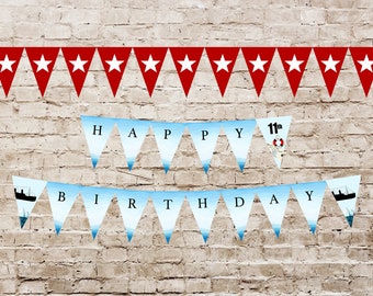 May include: Blue and white nautical themed birthday banner with red stars and the text "Happy 11th Birthday".