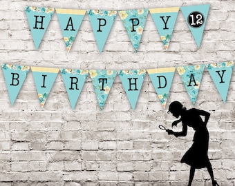 Banderín para fiesta de cumpleaños de Nancy Drew, decoración personalizada para fiesta de Nancy Drew, banderín floral de detective: autoedición con CORJL - descarga instantánea