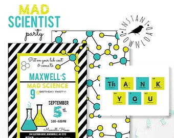 May include: A printable invitation for a 9th birthday party with a mad scientist theme. The invitation features a black and white striped background with yellow and blue science beakers and a molecule pattern. The text on the invitation reads "Maxwell's Mad Science 9th Birthday Party!" and includes the date, time, and location of the party.