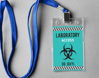 Credencial de científico loco, etiqueta con nombre de científico, fiesta de ciencia loca, etiqueta con cordón para acceso al laboratorio, credencial de científico imprimible: edite con CORJL