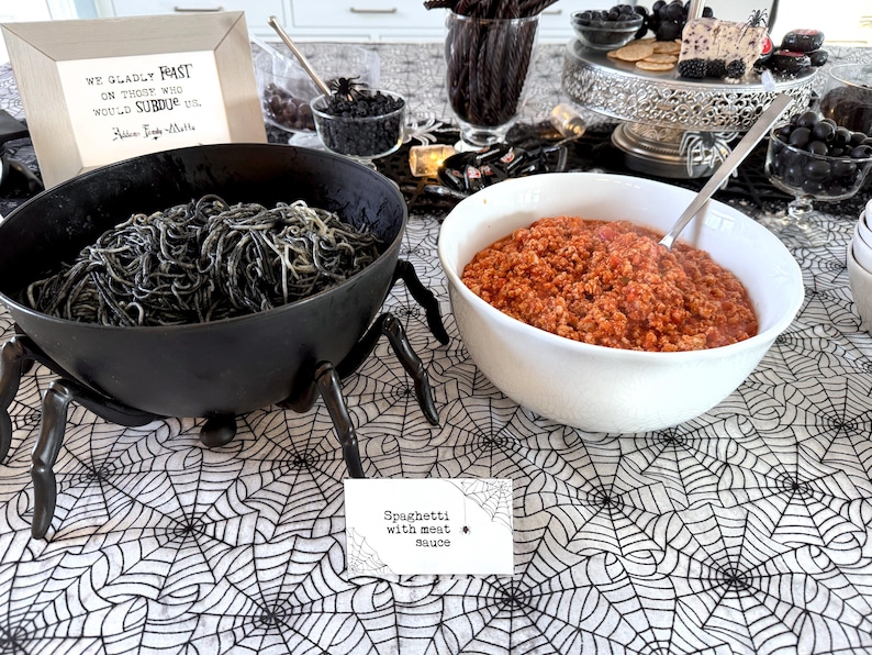 Spider Buffet Wednesday Addams Party Food Labels, Addams Family Tent Cards, Spooky ...