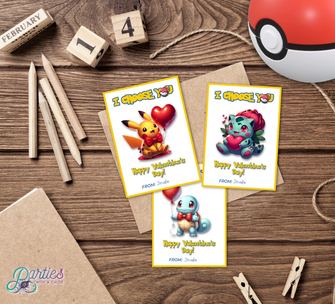 Printable Pokémon Valentine Cards, Pikachu, Charmeleon, Squirtle, and Eevee Character Cards ...
