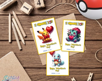 Tarjetas imprimibles de Pokémon para San Valentín, tarjetas de personajes de Pikachu, Charmeleon, Squirtle y Eevee, tarjetas de San Valentín para el aula: DESCARGA INSTANTÁNEA