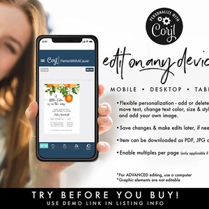 May include: A mobile phone screen displaying a digital template for a baby shower invitation. The invitation features a watercolour illustration of orange blossoms and the text "A Little Citrus is on the Way". The phone screen also displays the text "edit on any device!" and "TRY BEFORE YOU BUY!"