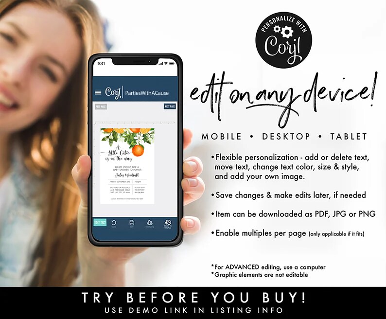 May include: A mobile phone screen displaying a digital template for a baby shower invitation. The invitation features a watercolour illustration of orange blossoms and the text "A Little Citrus is on the Way". The phone screen also displays the text "edit on any device!" and "TRY BEFORE YOU BUY!"