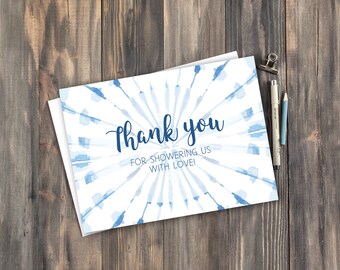 Shibori Baby Shower Thank You Card, Tie Dye, Showered With Love, Thank you postcards - Self-Edit with CORJL - INSTANT Download Printable