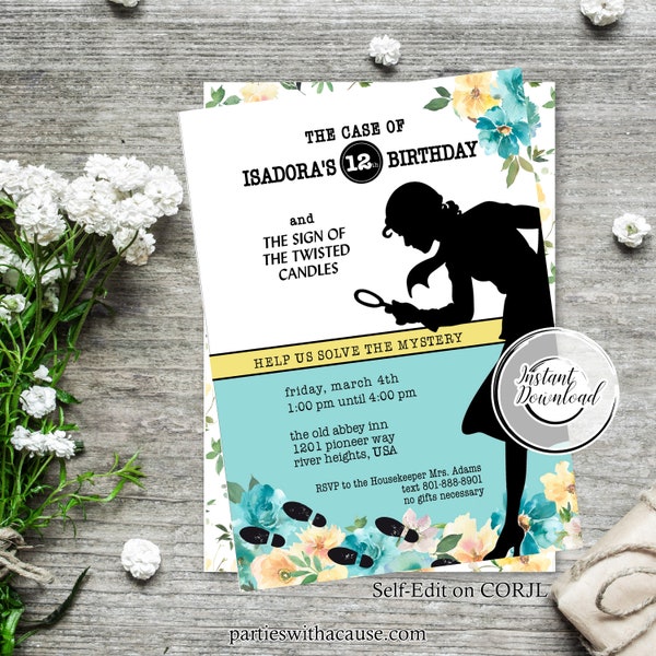 Nancy Drew Party Invitation, Detective Birthday Party, Escape Room party, Solve the Mystery: Self-Edit with CORJL - INSTANT Download