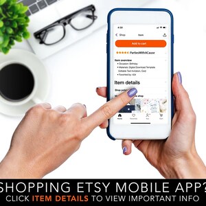 Peut inclure: Une capture d'&eacute;cran de l'application mobile Etsy montrant une annonce pour un mod&egrave;le d'invitation d'anniversaire. L'annonce est intitul&eacute;e "PartiesWithACause" et comprend des d&eacute;tails sur l'occasion, les mat&eacute;riaux et le texte modifiable. L'annonce a &eacute;t&eacute; ajout&eacute;e aux favoris par 404 utilisateurs.
