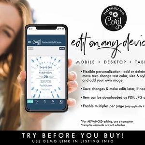 May include: A mobile phone screen displaying a blue and white baby shower invitation with the text "Boy oh Boy" and "Bridget Williams". The invitation is for a party on April 25th. The phone is being held by a person's hand. The text "edit on any device!" is displayed above the phone. The text "MOBILE - DESKTOP - TABLET" is displayed below the phone. The text "TRY BEFORE YOU BUY! USE DEMO LINK IN LISTING INFO" is displayed at the bottom of the image.