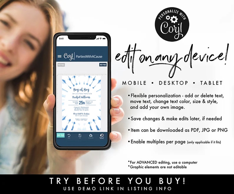 May include: A mobile phone screen displaying a blue and white baby shower invitation with the text "Boy oh Boy" and "Bridget Williams". The invitation is for a party on April 25th. The phone is being held by a person's hand. The text "edit on any device!" is displayed above the phone. The text "MOBILE - DESKTOP - TABLET" is displayed below the phone. The text "TRY BEFORE YOU BUY! USE DEMO LINK IN LISTING INFO" is displayed at the bottom of the image.