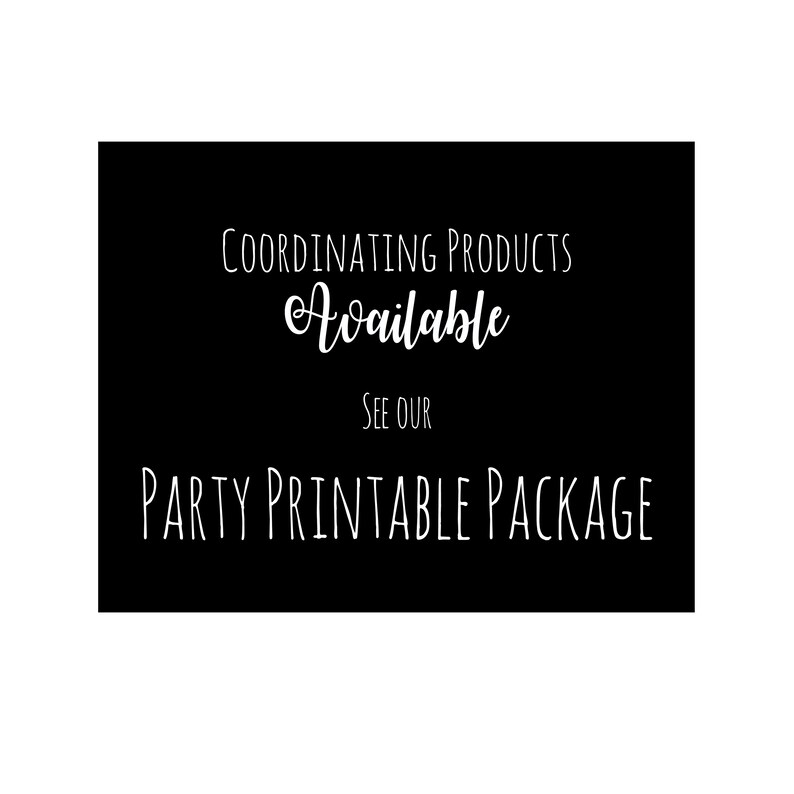 Puede incluir: Texto blanco y negro sobre fondo negro que dice "Productos coordinados disponibles Ver nuestro paquete imprimible de fiesta"