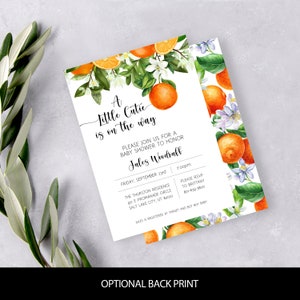 May include: A baby shower invitation featuring a watercolour design of oranges, leaves and flowers. The invitation reads "A Little Cutie is on the way" and includes the name "Jules Woodruff", date, time, location and RSVP details.