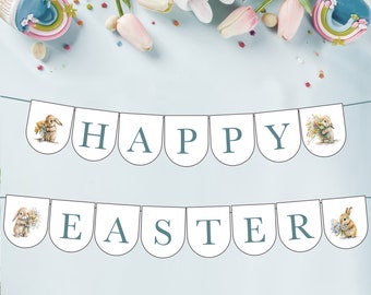 Banner de Feliz Pascua / Conejito de Pascua / Decoración de Pascua / Conejitos con flores / Banner de festón / DESCARGA INSTANTÁNEA