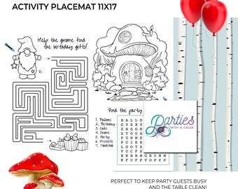 Gnome Party Printable Activity Placemat, Gnome Coloring page, Kids Birthday placemat, Kid table activity page: INSTANT DOWNLOAD