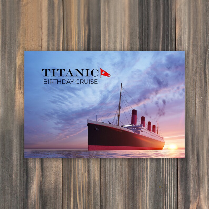 May include: A digital illustration of the Titanic ship sailing on a calm ocean at sunset. The sky is a mix of pink, purple, and blue with fluffy clouds. The text "TITANIC BIRTHDAY CRUISE" is displayed at the top of the image.