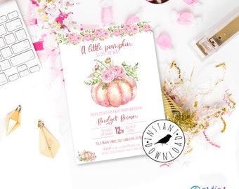 Little Pumpkin Baby Shower Invitation, fall baby invitation, Floral pink and coral girl baby shower invites, pumpkin baby: INSTANT DOWNLOAD