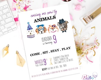 Invito per festa di cuccioli, animali allegri, invito di compleanno per cuccioli, vieni, siediti, resta, gioca, invito di compleanno per ragazze, invito per cani: DOWNLOAD IMMEDIATO