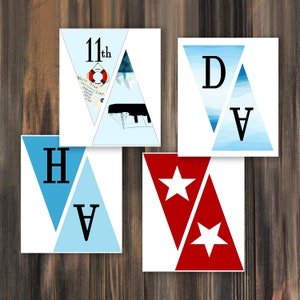 Peut inclure: Un ensemble de cinq fanions bleus et blancs avec les lettres "H", "A", "D", "V" et "11th" imprim&eacute;es en noir. Les fanions sont d&eacute;cor&eacute;s d'un th&egrave;me nautique, y compris une bou&eacute;e de sauvetage et un voilier.