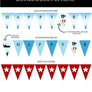 Peut inclure: Un guide d'options de disposition de banni&egrave;re pour une f&ecirc;te sur le th&egrave;me nautique. La banni&egrave;re pr&eacute;sente des fanions bleus et blancs avec les mots "HAPPY 11th B I" et un gouvernail de navire avec une bou&eacute;e de sauvetage. La banni&egrave;re peut &ecirc;tre personnalis&eacute;e avec un fanion d'espacement. Le guide montre &eacute;galement une banni&egrave;re avec des fanions rouges orn&eacute;s d'&eacute;toiles blanches.