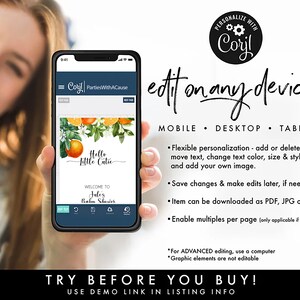 Puede incluir: Un tel&eacute;fono inteligente muestra un dise&ntilde;o de invitaci&oacute;n para baby shower con naranjas y elementos florales. La pantalla muestra el texto "Hello Little Cutie" y "Welcome to Jules Baby Shower." La imagen tambi&eacute;n incluye el texto "edit on any device!"