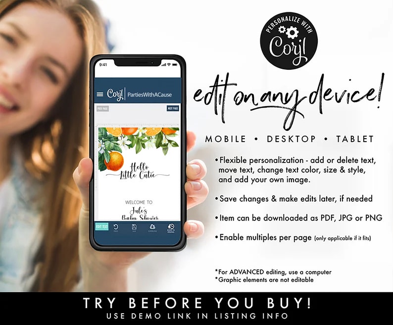 Puede incluir: Un tel&eacute;fono inteligente muestra un dise&ntilde;o de invitaci&oacute;n para baby shower con naranjas y elementos florales. La pantalla muestra el texto "Hello Little Cutie" y "Welcome to Jules Baby Shower." La imagen tambi&eacute;n incluye el texto "edit on any device!"