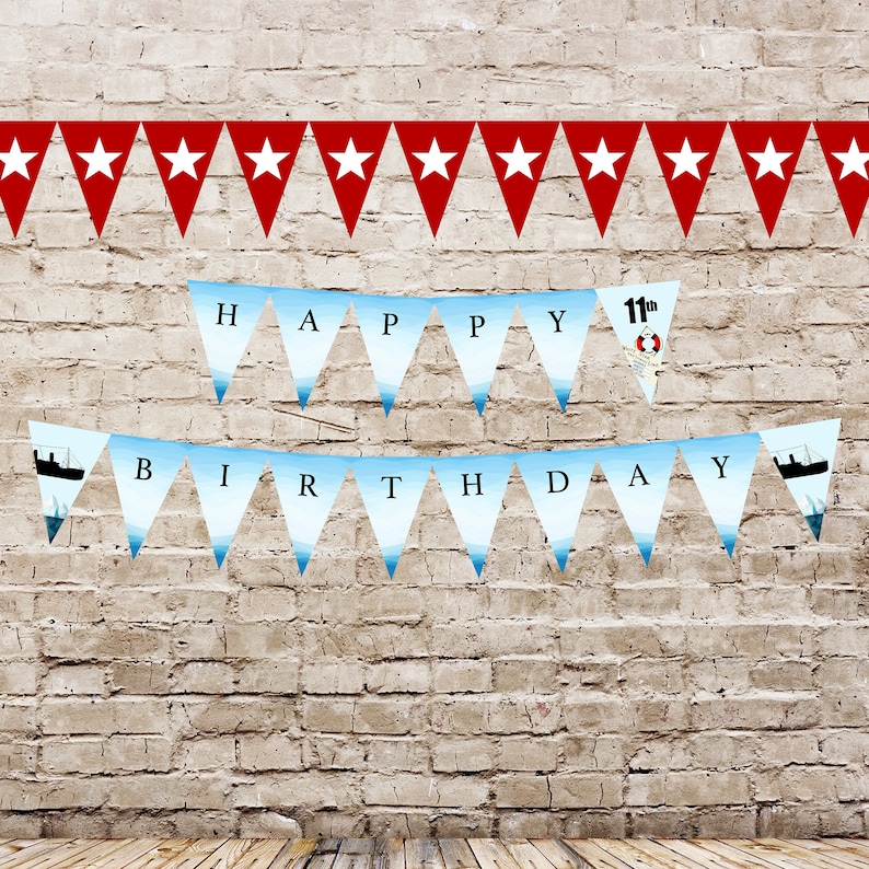 Peut inclure: Banni&egrave;re d'anniversaire de th&egrave;me nautique bleu et blanc avec des &eacute;toiles rouges et le texte "Happy 11th Birthday".