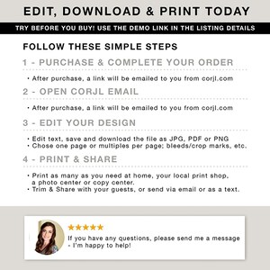 Puede incluir: Un gr&aacute;fico blanco con texto negro que dice "EDIT, DOWNLOAD & PRINT TODAY". A continuaci&oacute;n se enumeran las instrucciones sobre c&oacute;mo comprar, abrir, editar e imprimir un dise&ntilde;o. Una foto de una mujer est&aacute; en la parte inferior con un mensaje: "Si tiene alguna pregunta, env&iacute;eme un mensaje. &iexcl;Estar&eacute; encantado de ayudar!"