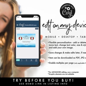 May include: A mobile phone screen displaying a digital template for a birthday party invitation. The template features a blue and white ocean background with a life preserver and the text "You're a Real Life Saver". The text "Personalize with Cory!" is visible in a circle at the top of the image.