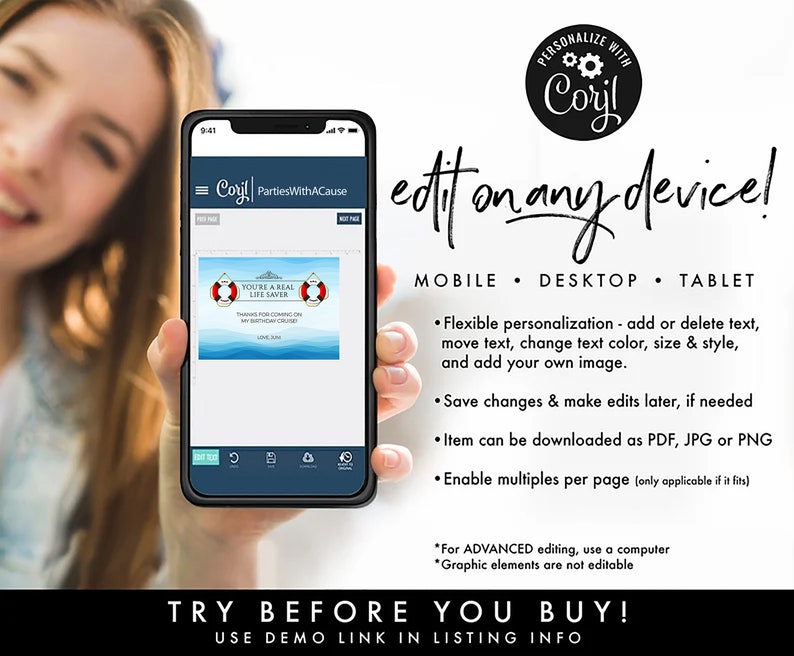 May include: A mobile phone screen displaying a digital template for a birthday party invitation. The template features a blue and white ocean background with a life preserver and the text "You're a Real Life Saver". The text "Personalize with Cory!" is visible in a circle at the top of the image.