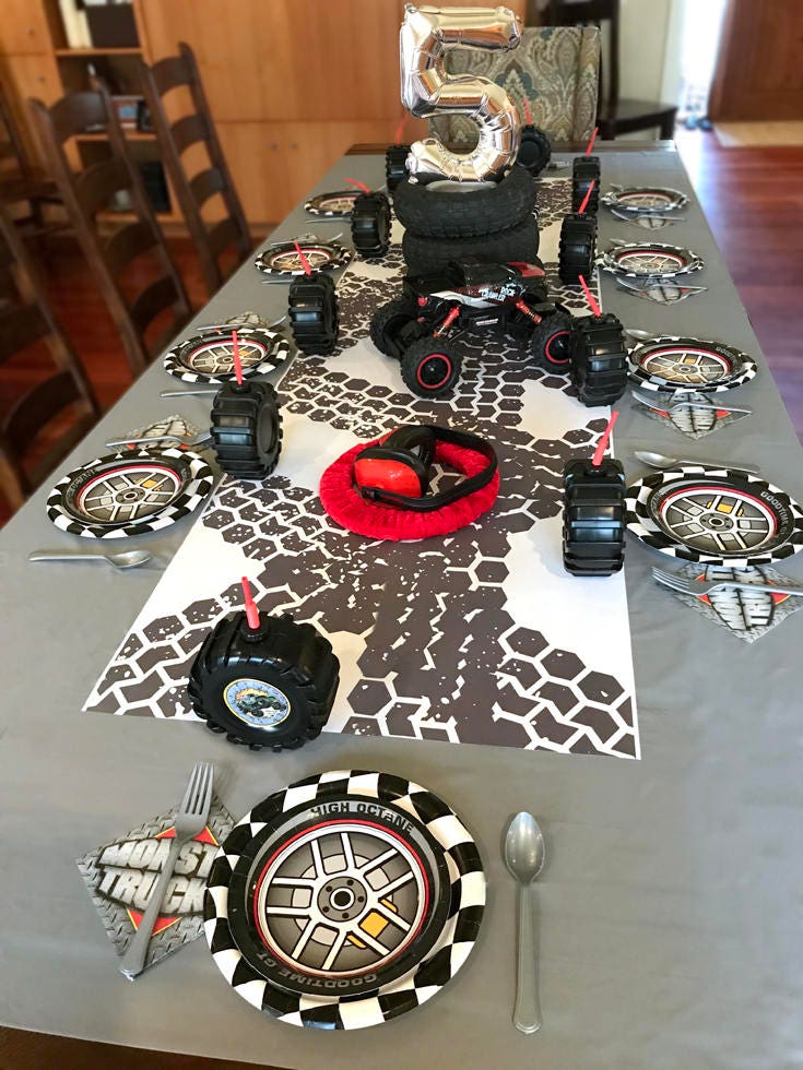 DIY Monster Truck Birthday Table Runner | Monster Truck Party Decor | Grey Tire Tracks Printable Gift Wrap | Race Car Party | NASCAR party