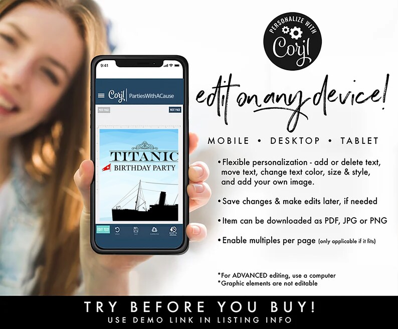 May include: A mobile phone screen displaying a digital invitation for a Titanic themed birthday party. The invitation is customizable with text, colors, and images. The text on the invitation reads "Titanic Birthday Party".
