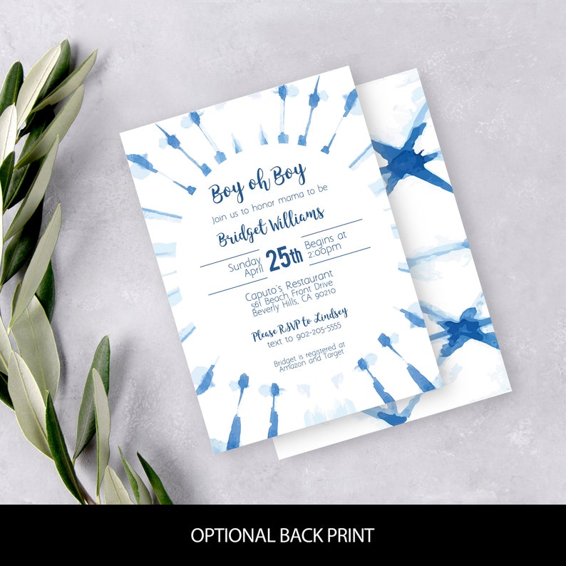 May include: Blue and white baby shower invitation with a watercolor design. The invitation reads "Boy oh Boy" and includes the date, time, and location of the event. It also includes the name of the mother-to-be, Bridget Williams, and requests RSVP to Lindsey.