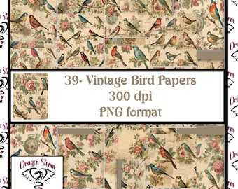 39 Vintage Bird Papers Digital download Paper pack 300 dpi