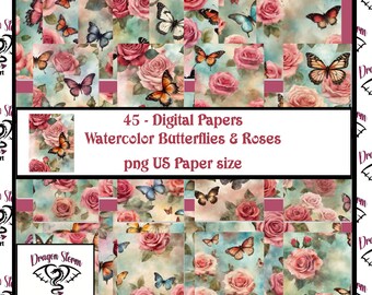 45-Watercolor Butterflies & Roses Digital Download Paper pack 300 dpi