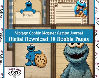 Vintage Cookie Monster Junk Journal Recipe Book 18 Double Pages! W/ Kitchen Conversion Chart