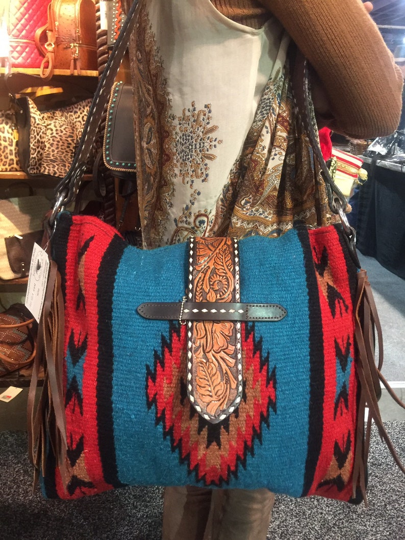 Navajo Indian Blanket and Tooled leather strap shoulder bag | Etsy