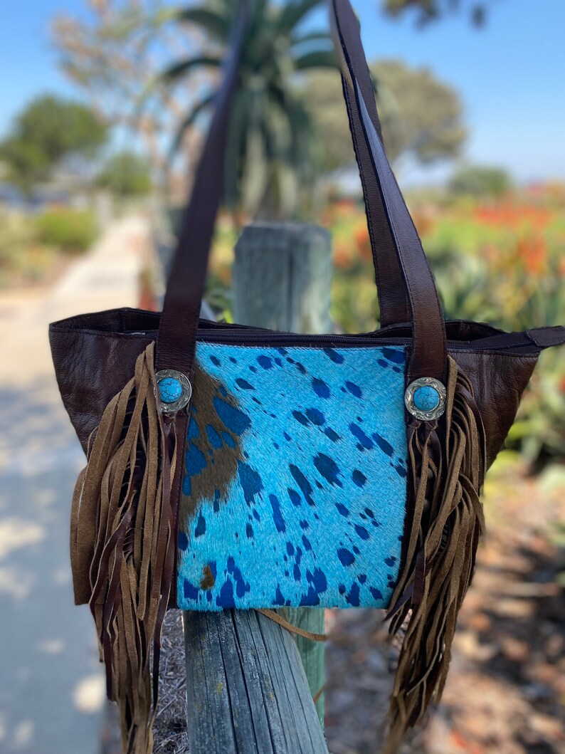 Large Cowhide Tote in Turquoise Acid Wash Hyde Etsy
