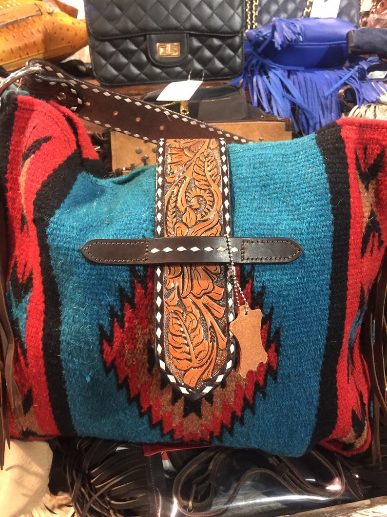 Navajo Indian Blanket and Tooled leather strap shoulder bag Etsy