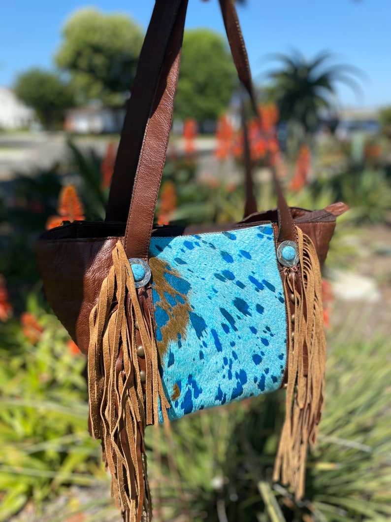 Large Cowhide Tote in Turquoise Acid Wash Hyde Etsy