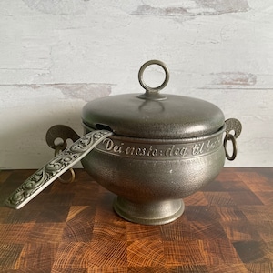 Eik Tinn Pewter Covered Soup Tureen With Ladle | Scandinavian Serving Bowl | Antique Norwegian Tureen