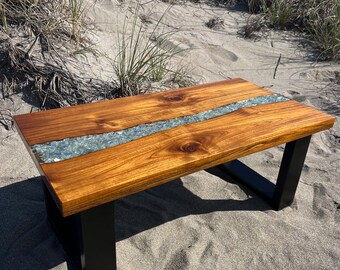 Coffee Table Teak and Crushed Shells in Resin CTF-01-BG