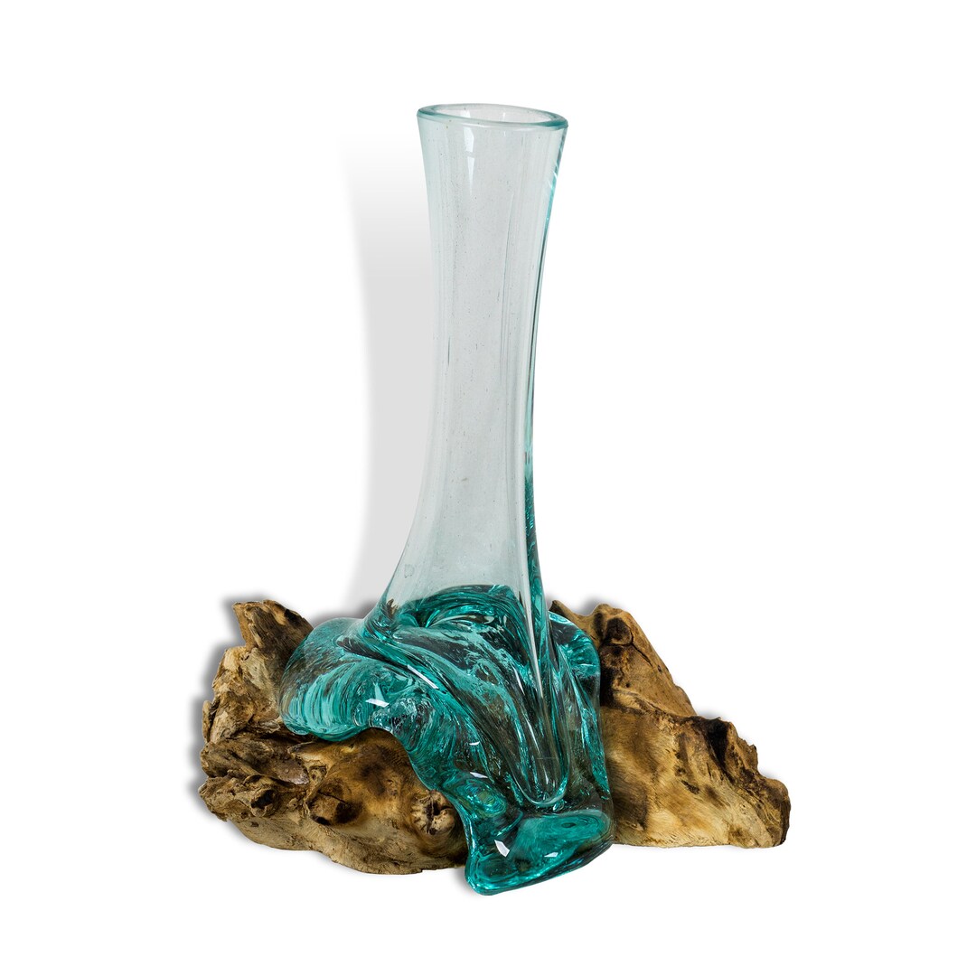 Blown Glass Vase with Natural Wood Base G148