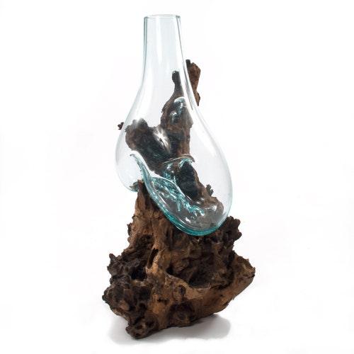 Blown Glass Vase With Natural Wood Root Base G153 Etsy