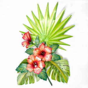 Hibiscus and Palmetto Leaf Spray Metal Wall Art