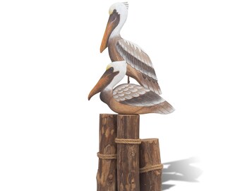 Hand Carved Wooden Pelicans on Piling Tabletop CW466