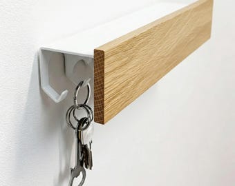 Oak Key Holder Shelf | Wall Mount Entryway Organizer with 8 Hidden Hooks