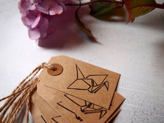 Origami Kranich Geschenk Tagsoriginal Linoldruck Kunst Von Hand Gedruckt Druckgrafik Block Druck Tusche Handmade Paket Tag Vogel